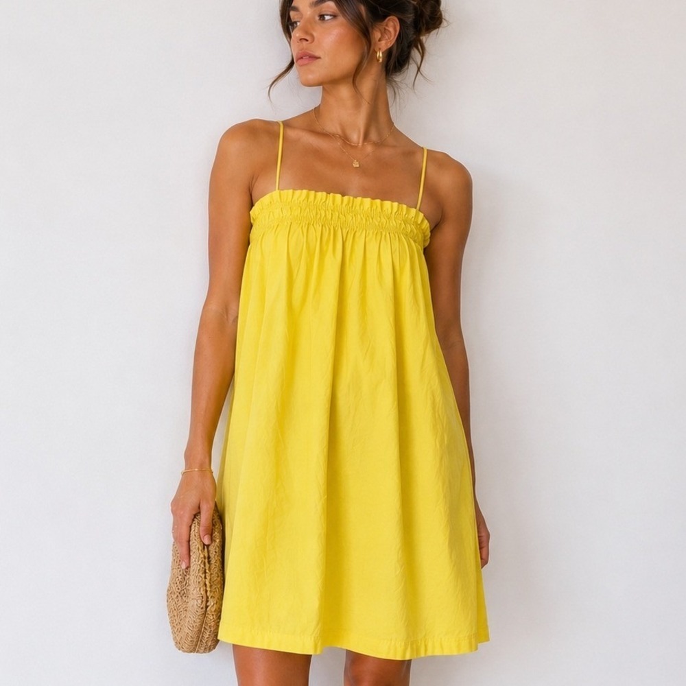 OVS Italian Yellow Cotton Babydoll Mini Dress Smocked Adjustable Straps Size S